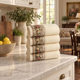 Floral Border Cotton Kitchen Towel Set of 4 – Cream in a kitchen