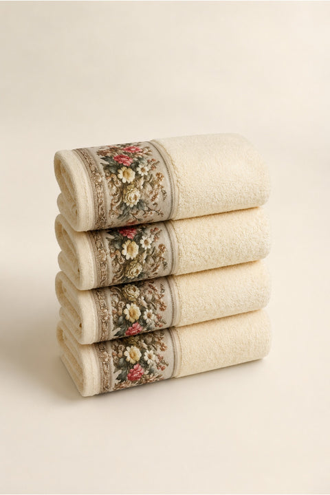 Floral Border Cotton Kitchen Towel Set of 4 – Cream