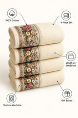 Floral Border Cotton Kitchen Towel Set of 4 – Cream – features