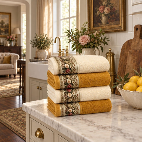 Floral Border Cotton Kitchen Towel Set of 4 – Cream & Mustard in a kitchen