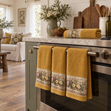 Floral Border Cotton Kitchen Towel Set of 4 – Mustard in a kitchen