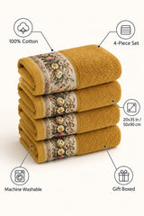 Floral Border Cotton Kitchen Towel Set of 4 – Mustard – features