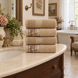 Floral Border Cotton Kitchen Towel Set of 4 – Striped Beige & Floral in a bathroom