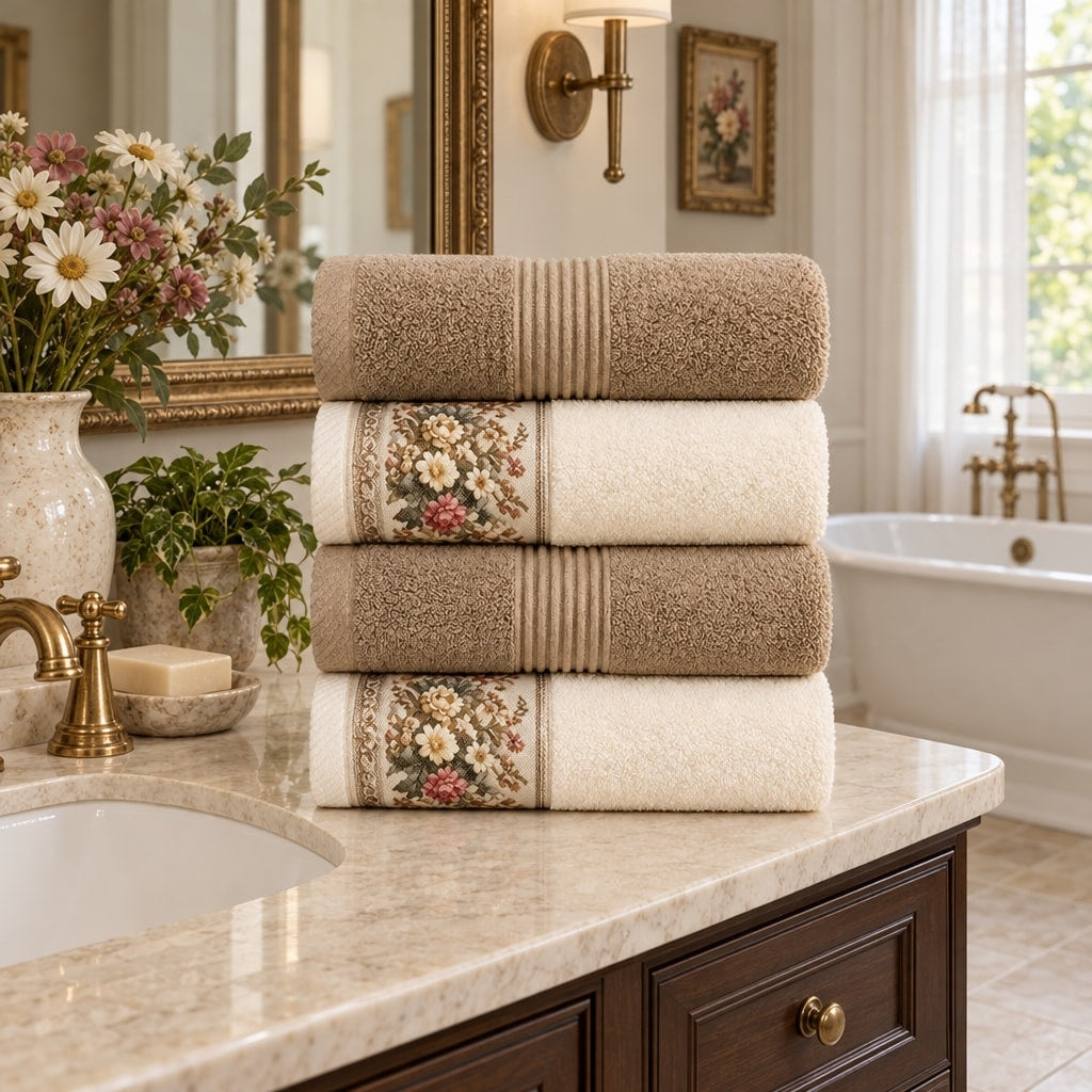 Floral Border Cotton Kitchen Towel Set of 4 – Striped Beige & Floral in a bathroom