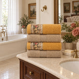 Floral Border Cotton Kitchen Towel Set of 4 – Striped Beige & Floral in a bathroom