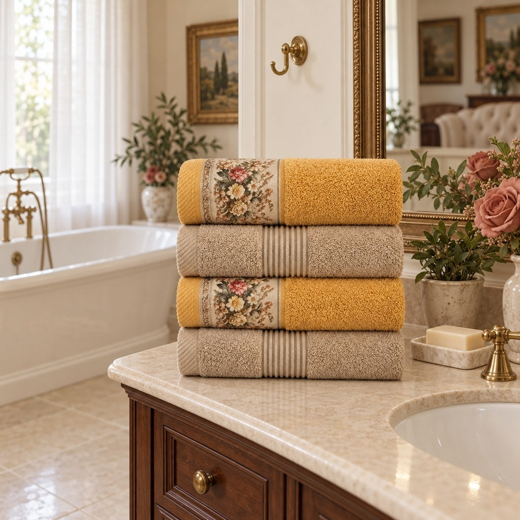 Floral Border Cotton Kitchen Towel Set of 4 – Striped Beige & Floral in a bathroom