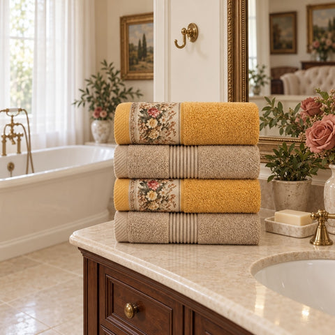 Floral Border Cotton Kitchen Towel Set of 4 – Striped Beige & Floral in a bathroom