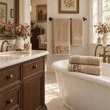 Floral Border Cotton Kitchen Towel Set of 4 – Striped Beige & Floral in a bathroom