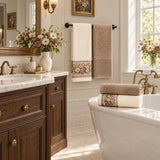 Floral Border Cotton Kitchen Towel Set of 4 – Striped Beige & Floral in a bathroom