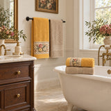 Floral Border Cotton Kitchen Towel Set of 4 – Striped Beige & Floral in a bathroom