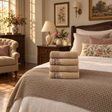 Floral Border Cotton Kitchen Towel Set of 4 – Striped Beige & Floral in a bedroom