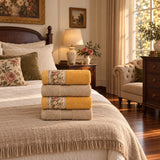Floral Border Cotton Kitchen Towel Set of 4 – Striped Beige & Floral in a bedroom