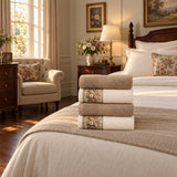 Floral Border Cotton Kitchen Towel Set of 4 – Striped Beige & Floral in a bedroom