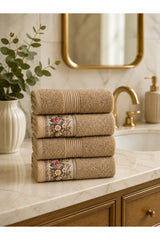 Floral Border Cotton Kitchen Towel Set of 4 – Striped Beige & Floral in a bathroom