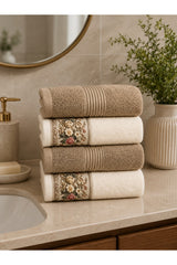Floral Border Cotton Kitchen Towel Set of 4 – Striped Beige & Floral in a bathroom