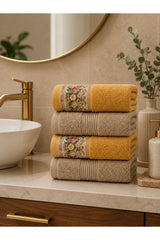 Floral Border Cotton Kitchen Towel Set of 4 – Striped Beige & Floral in a bathroom