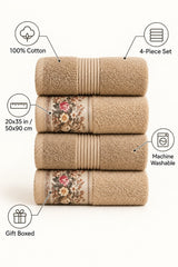 Floral Border Cotton Kitchen Towel Set of 4 – Striped Beige & Floral – features