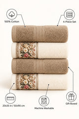 Floral Border Cotton Kitchen Towel Set of 4 – Striped Beige & Floral – features