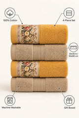 Floral Border Cotton Kitchen Towel Set of 4 – Striped Beige & Floral – features