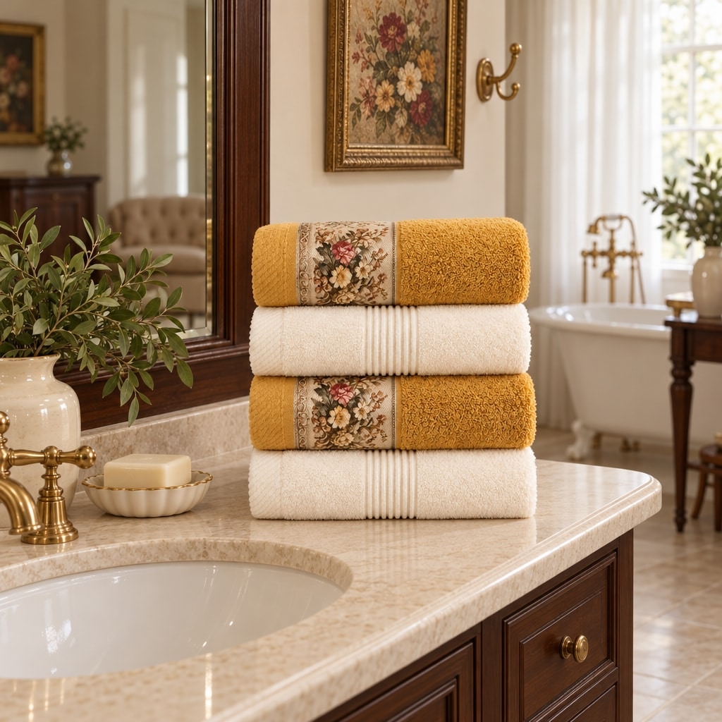 Floral Border Cotton Kitchen Towel Set of 4 – Striped Cream & Floral in a bathroom