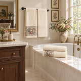Floral Border Cotton Kitchen Towel Set of 4 – Striped Cream & Floral in a bathroom