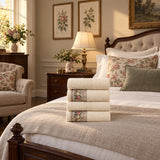 Floral Border Cotton Kitchen Towel Set of 4 – Striped Cream & Floral in a bedroom
