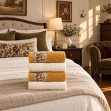 Floral Border Cotton Kitchen Towel Set of 4 – Striped Cream & Floral in a bedroom