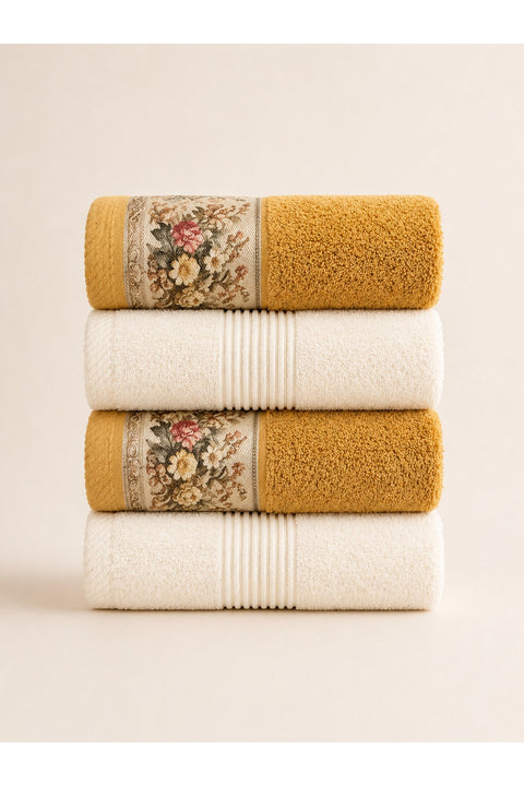 Floral Border Cotton Kitchen Towel Set of 4 – Striped Cream & Floral