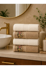 Floral Border Cotton Kitchen Towel Set of 4 – Striped Cream & Floral in a bathroom