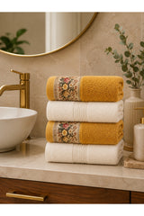 Floral Border Cotton Kitchen Towel Set of 4 – Striped Cream & Floral in a bathroom
