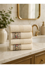 Floral Border Cotton Kitchen Towel Set of 4 – Striped Cream & Floral in a bathroom