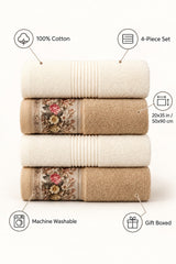Floral Border Cotton Kitchen Towel Set of 4 – Striped Cream & Floral – features