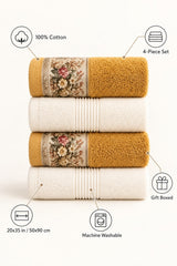 Floral Border Cotton Kitchen Towel Set of 4 – Striped Cream & Floral – features