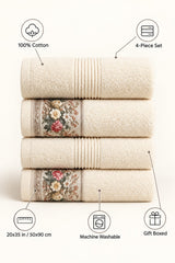 Floral Border Cotton Kitchen Towel Set of 4 – Striped Cream & Floral – features