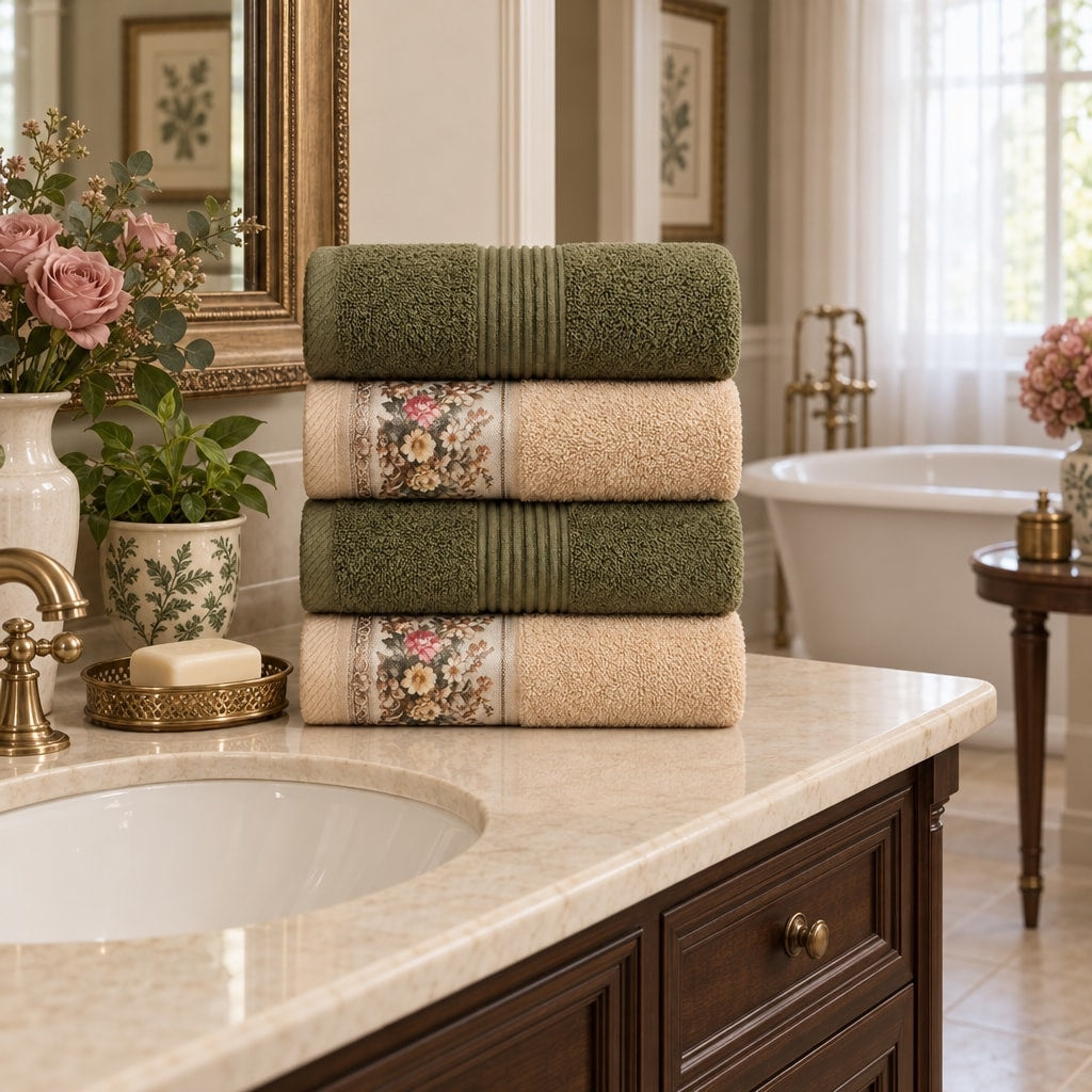 Floral Border Cotton Kitchen Towel Set of 4 – Striped Green & Floral in a bathroom