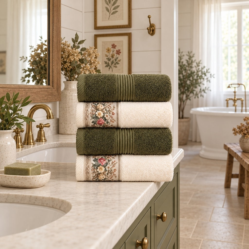 Floral Border Cotton Kitchen Towel Set of 4 – Striped Green & Floral in a bathroom
