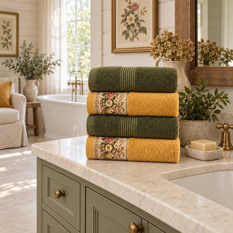 Floral Border Cotton Kitchen Towel Set of 4 – Striped Green & Floral in a bathroom
