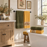 Floral Border Cotton Kitchen Towel Set of 4 – Striped Green & Floral in a bathroom