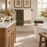Floral Border Cotton Kitchen Towel Set of 4 – Striped Green & Floral in a bathroom