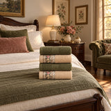 Floral Border Cotton Kitchen Towel Set of 4 – Striped Green & Floral in a bedroom