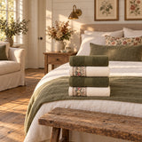 Floral Border Cotton Kitchen Towel Set of 4 – Striped Green & Floral in a bedroom