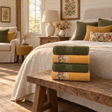 Floral Border Cotton Kitchen Towel Set of 4 – Striped Green & Floral in a bedroom