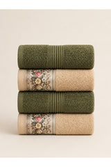 Floral Border Cotton Kitchen Towel Set of 4 – Striped Green & Floral