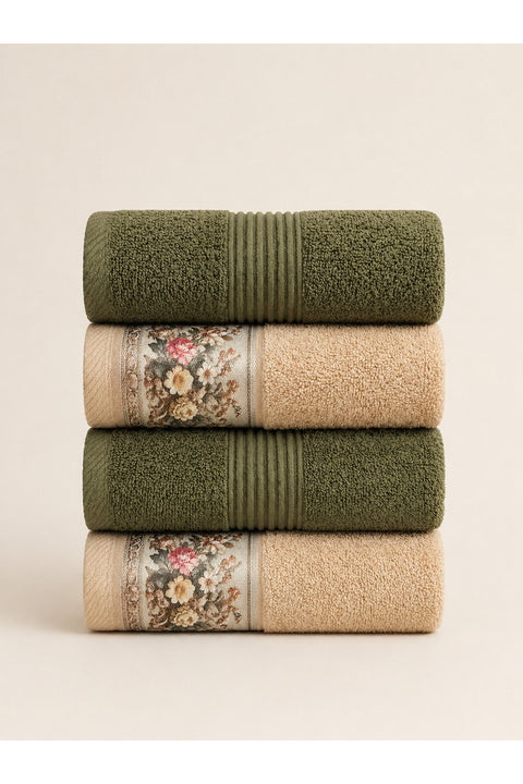 Floral Border Cotton Kitchen Towel Set of 4 – Striped Green & Floral