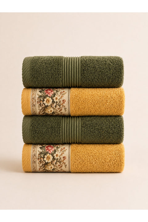 Floral Border Cotton Kitchen Towel Set of 4 – Striped Green & Floral