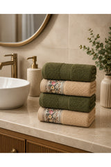 Floral Border Cotton Kitchen Towel Set of 4 – Striped Green & Floral in a bathroom