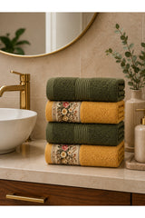 Floral Border Cotton Kitchen Towel Set of 4 – Striped Green & Floral in a bathroom