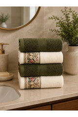 Floral Border Cotton Kitchen Towel Set of 4 – Striped Green & Floral in a bathroom