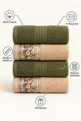 Floral Border Cotton Kitchen Towel Set of 4 – Striped Green & Floral – features