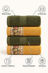 Floral Border Cotton Kitchen Towel Set of 4 – Striped Green & Floral – features